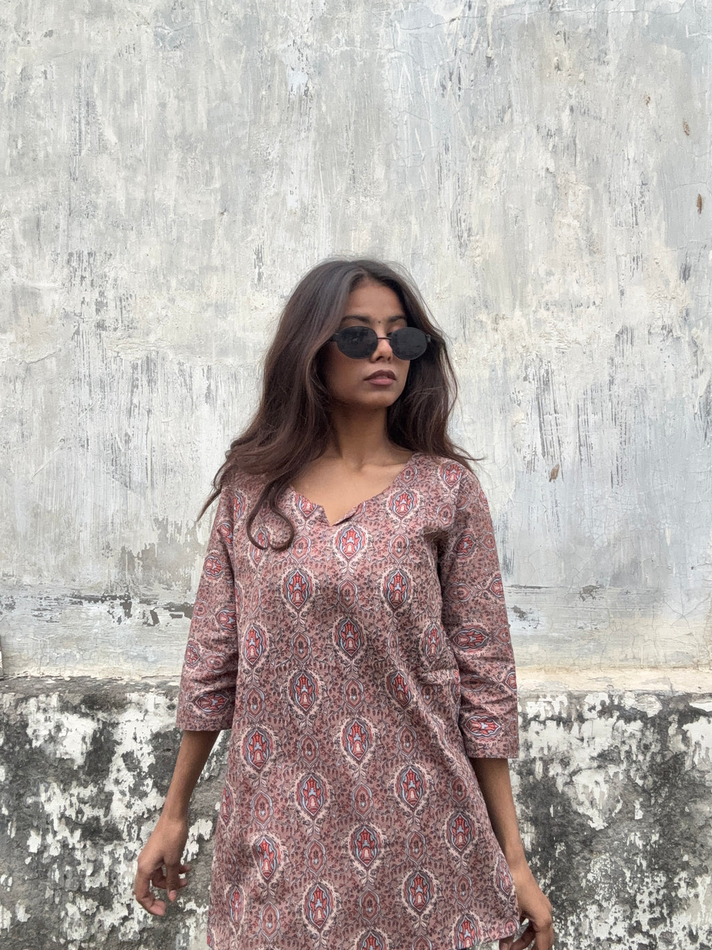 Ruhani brown booti V-neck short kurti
