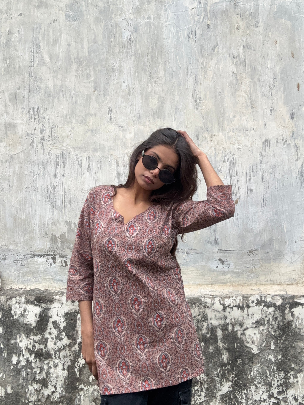 Ruhani brown booti V-neck short kurti